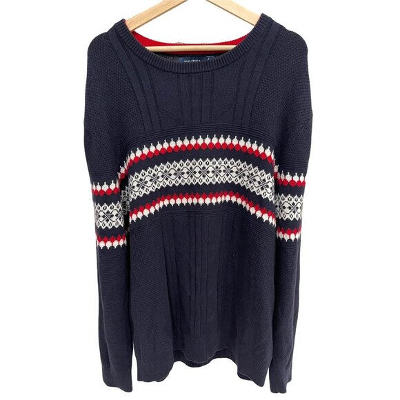 Nautica Men's Crewneck Knit Pullover Sweater Navy Blue XL Wool Blend Fair Isle - Picture 1 of 7